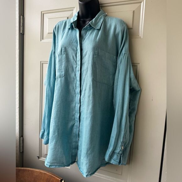 J. Jill Love Linen Button Up Tunic Shirt Turquoise Blue 100% Linen Size L - Picture 4 of 14